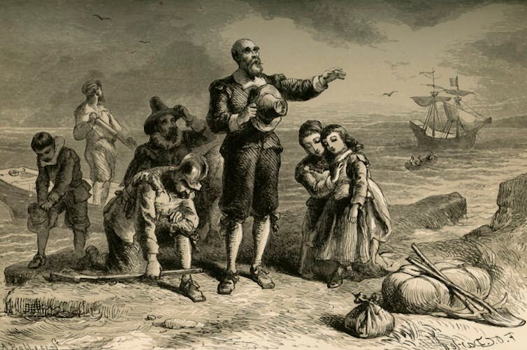 A sketch from 1877 illustrating the landing of the Pilgrims by artist Albert Bobbett.