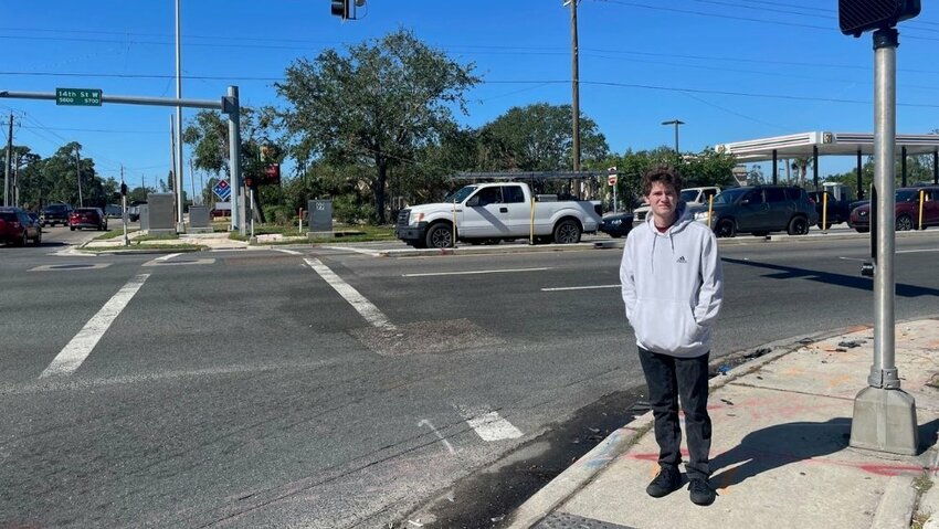 Fletcher Williams at the intersection in Bradenton, Florida, where he was struck by a car while riding his bicycle.